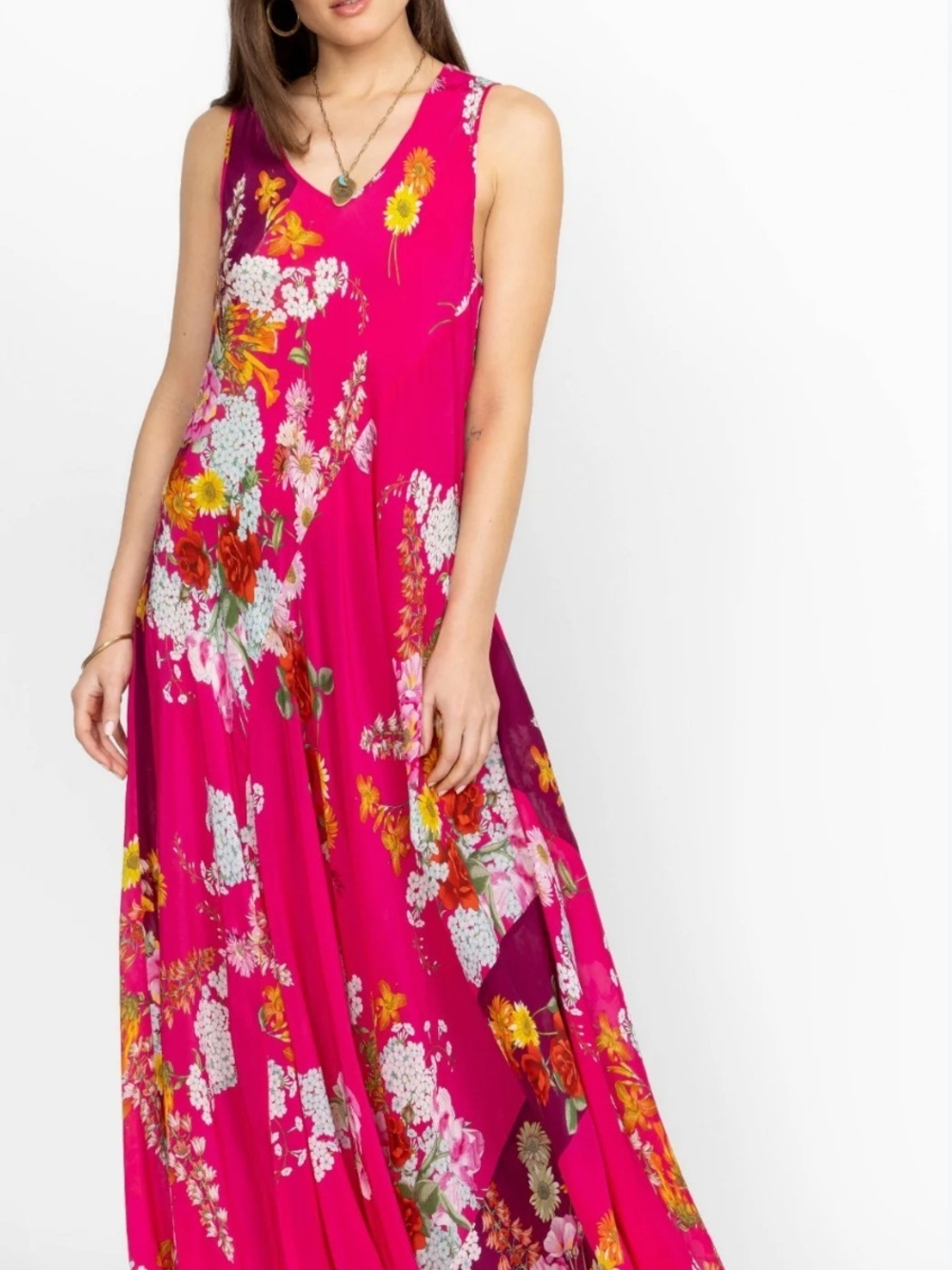 Johnny Was Fuchsia Floral V-Neck Maxi Dress